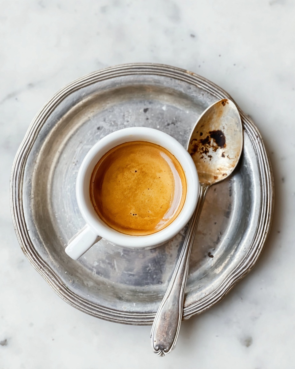 A small white cup filled with rich, smooth espresso with a light brown crema layer on top sits at the center of a round, slightly tarnished silver tray. To the right of the cup, a silver spoon with coffee stains rests on the tray, showing some dark coffee marks on its bowl. The scene is set on a white marbled surface, adding a clean and elegant touch to the simple coffee setup. photo taken with an iphone --ar 4:5 --v 7