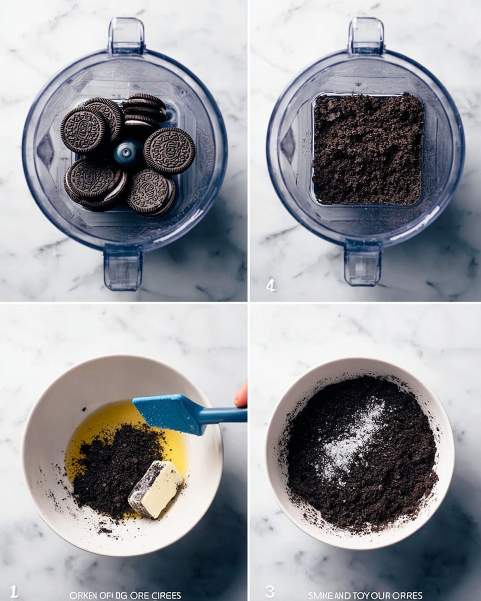 The image shows four steps in making a crushed Oreo base. The first part displays whole Oreos placed inside a clear blender from above on a white marbled surface. Next, the Oreos are blended into fine dark brown crumbs, still inside the blender. The third part shows the crumbs transferred into a white bowl with melted butter and a pinch of salt, creating a wet, crumbly mixture. The fourth part shows a woman's hand using a blue spatula to mix the dark Oreo crumbs and butter together in the white bowl, resting on the same white marbled surface photo taken with an iphone --ar 4:5 --v 7