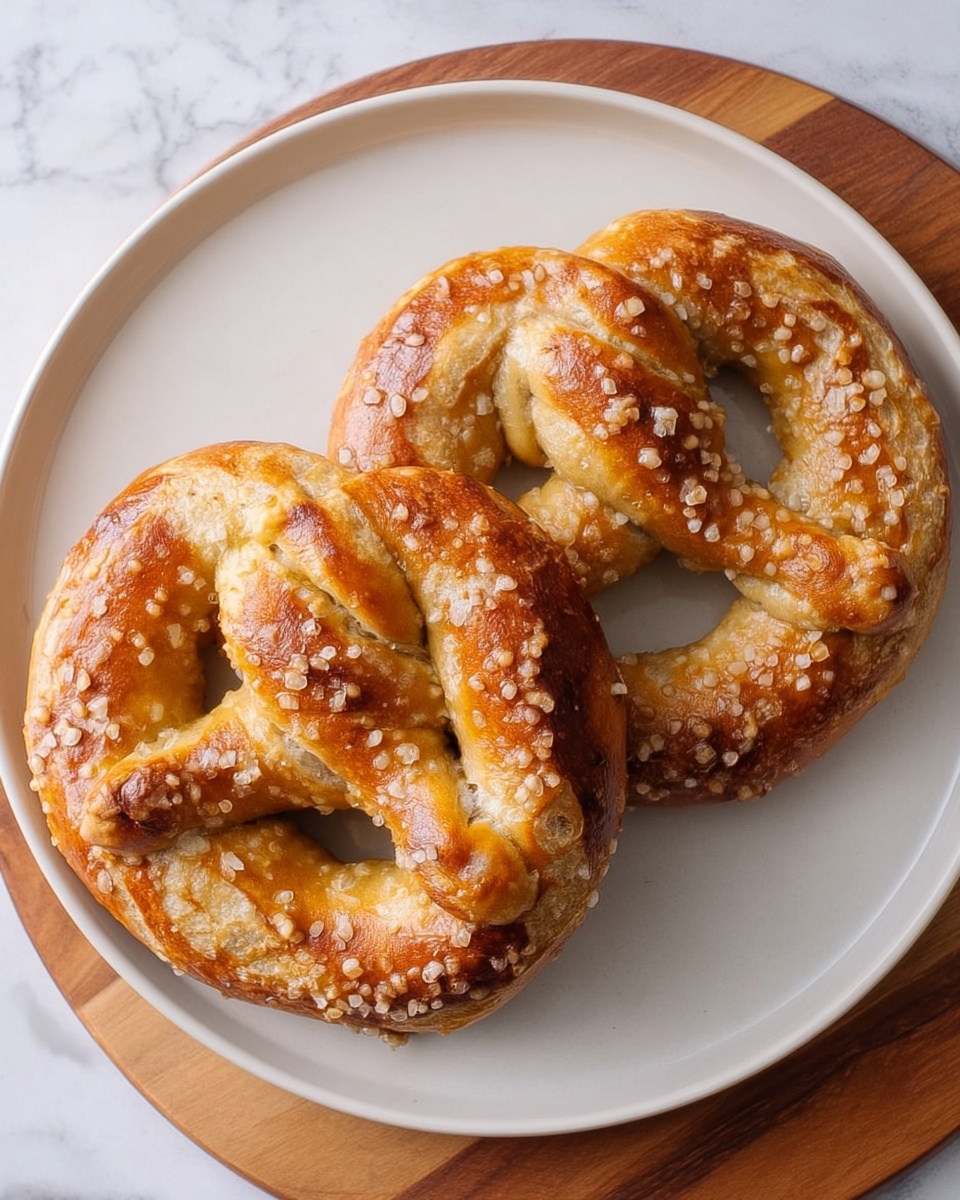 Two golden brown pretzels with a shiny, slightly crispy surface and coarse salt sprinkled on top sit side by side on a simple round white plate. The pretzels have a classic twisted shape with visible folds and textures that show a soft inside beneath the baked crust. The plate rests on a white marbled textured surface with a wooden board partially visible underneath. Photo taken with an iphone --ar 4:5 --v 7