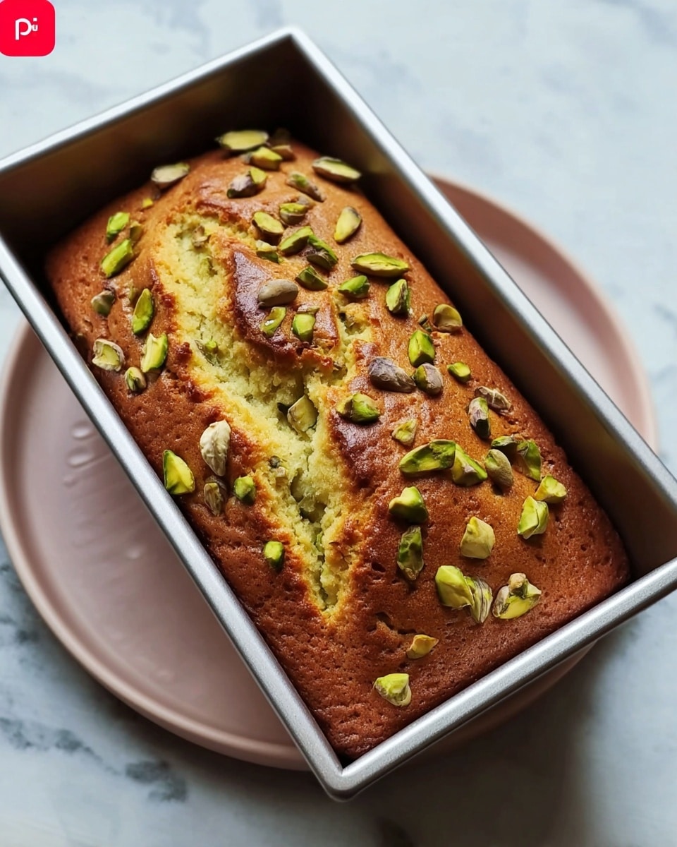 A golden brown loaf cake with a cracked top is inside a silver metal loaf pan. The cake is topped with greenish pistachio nuts that add texture and color on the surface. The pan is placed on a white plate, all on a white marbled surface. photo taken with an iphone --ar 4:5 --v 7