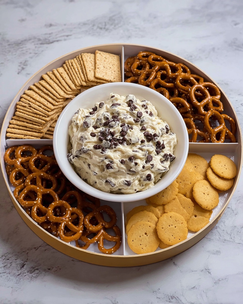 A white bowl of cream cheese mixed with small dark chocolate chips sits in the center of a sectioned round white tray. Surrounding the bowl are three sections filled with light brown square crackers on the left, golden twisted pretzels on the top and bottom, and small round golden vanilla wafers on the right. The tray rests on a white marbled surface. photo taken with an iphone --ar 4:5 --v 7