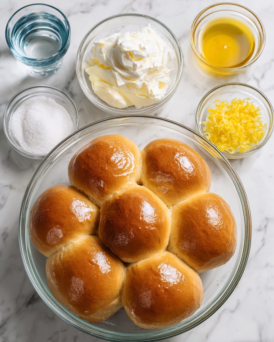 The image shows several shiny golden brown bread rolls placed in a clear glass bowl on a white marbled surface. Around the bowl are six small bowls with different ingredients: a small cup of clear water, a white bowl with melted yellow butter, a blue bowl filled with white granulated sugar, a small clear bowl with yellow lemon zest, a small clear bowl with a thick pale yellow mixture, and a small clear bowl with white whipped cream. The arrangement is neat and the textures range from smooth and creamy to fluffy and soft, with the bread rolls as the main focus. Photo taken with an iphone --ar 4:5 --v 7