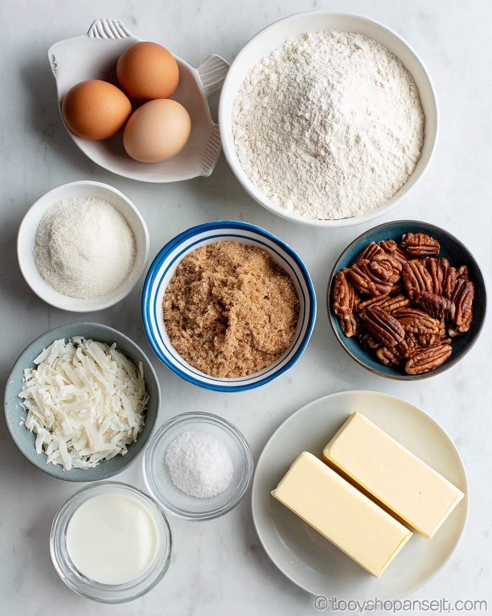 A white marbled surface holds nine small bowls and a white plate arranged in a loose circle, each with different baking ingredients. On the white plate near the bottom right, two thick sticks of pale yellow butter are lined up side by side. To the left of the butter, a small white bowl contains fine white powder, and nearby there's a tiny bowl with a small quantity of white granulated salt. Above the butter, a large white bowl is filled with white flour with a smooth, slightly uneven top. Near the center, a bowl with a blue and white striped rim holds light brown packed brown sugar, clumped slightly. To the left of this, a fish-shaped bowl contains two brown eggs with smooth shells. Above the eggs, a dark blue bowl shows a pile of medium brown pecan halves with a wrinkled texture. To the right of the pecans, a gray bowl is filled with soft, finely shredded white coconut. At the bottom in front of the brown sugar bowl, a small clear bowl contains a small amount of white liquid cream. photo taken with an iphone --ar 4:5 --v 7