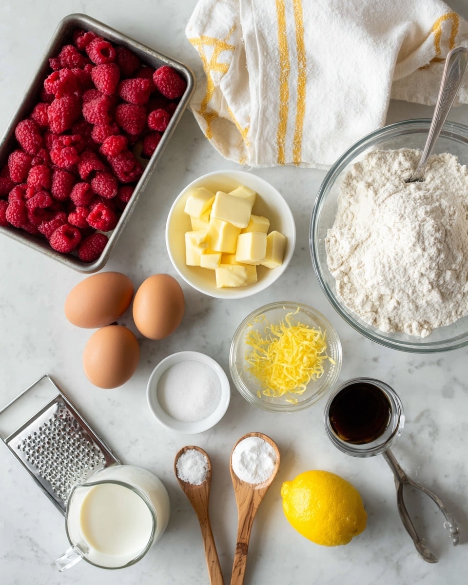 The image shows many baking ingredients arranged neatly on a white marbled surface. On the left side, there is a metal tray filled with bright red raspberries. Next to it, a small white bowl holds yellow cubes of butter. Near the center, two brown eggs rest on a white towel with yellow stripes. A large clear glass bowl with white flour sits to the right. In front of the bowl are small wooden spoons holding white powder and salt, along with a small white bowl containing dark liquid. A bright yellow lemon is placed near the center along with a small white dish containing yellow lemon zest and a metal grater resting on it. A clear measuring cup filled with white milk and a black measuring cup with white sugar completes the scene. The layout is clean and bright, highlighting the different colors and textures of the ingredients photo taken with an iphone --ar 4:5 --v 7
