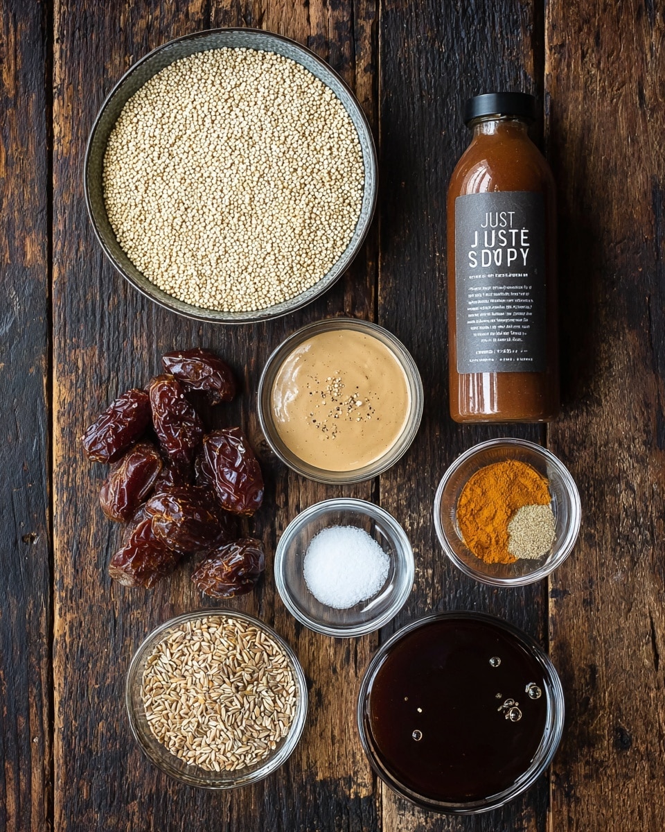 The image shows seven small glass bowls and one bottle arranged on a rustic dark wooden surface. The largest bowl at the top center is filled with light beige, round quinoa grains. To its left, a smaller bowl holds creamy white sesame seeds. Below the sesame seeds is a bowl with wrinkled, deep reddish-brown dried dates. In the middle bottom, a bowl contains smooth, tan tahini with a slightly shiny surface and tiny bubbles on top. To the right of the tahini, a bowl holds four spices neatly layered in quarters: white salt, bright orange cinnamon, light yellow ginger powder, and grayish-brown black pepper. Just above the bowl of spices, there is a bowl filled with dark golden flaxseeds. Next to the flaxseeds is a bowl containing very dark, thick date syrup with a smooth surface and small droplets around the edge. On the right side, a brown bottle labeled