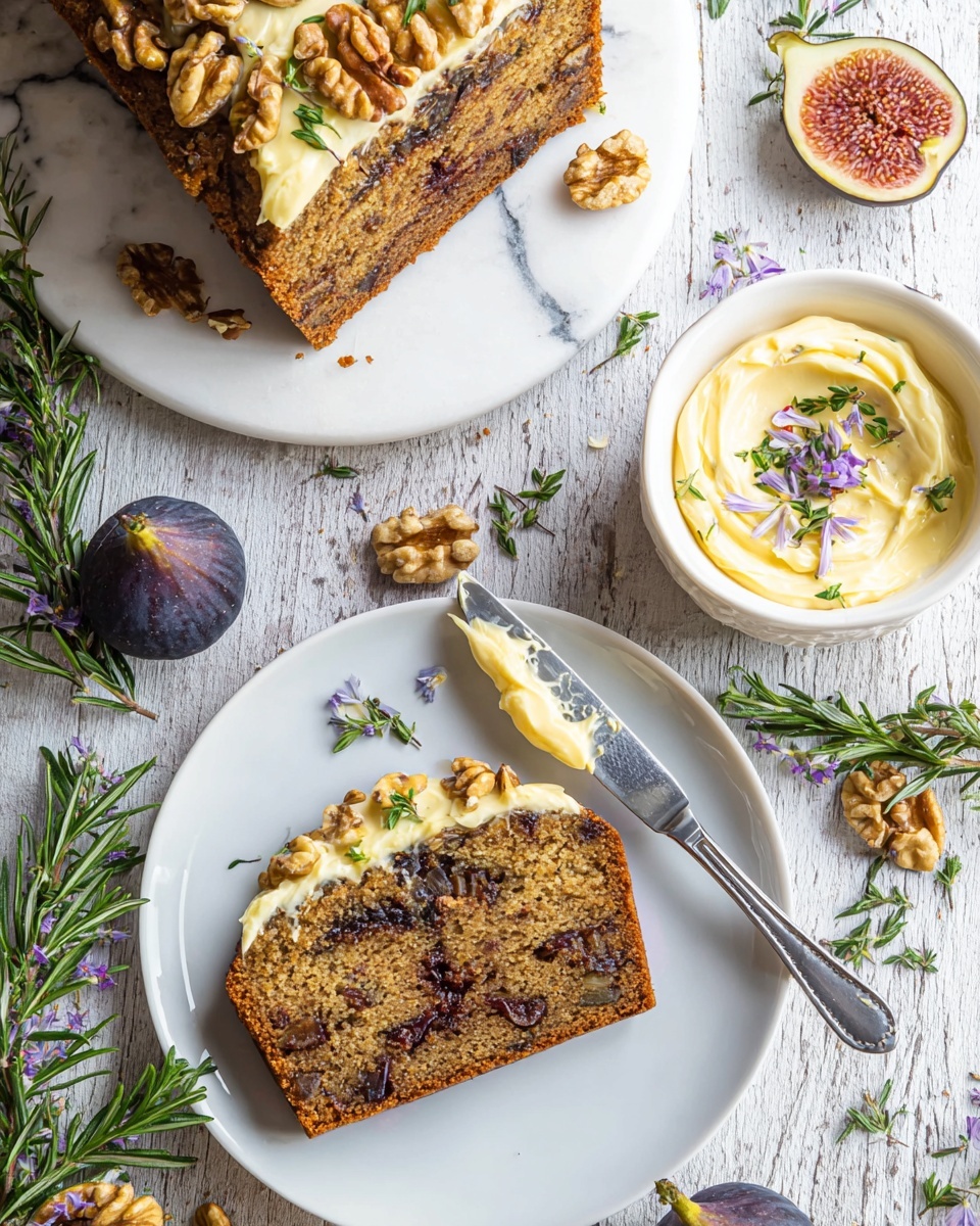 The image shows two slices of fig and walnut cake on white plates with a subtle marble pattern, placed on a white marbled surface. Each cake slice is dense and brown, studded with dark purple fig pieces and bits of walnut inside, with a golden crust on top covered with walnut halves. One slice is topped with a creamy layer of pale yellow butter spread that is slightly swirled and dotted with tiny green herbs and small purple flowers. A silver knife with a bit of creamy butter on its tip rests diagonally on the plate with the buttered slice. Around the plates, there are fresh sprigs of green rosemary, a whole dark purple fig, and a white bowl filled with the same creamy yellow butter garnished with herbs and purple flowers. Photo taken with an iphone --ar 4:5 --v 7