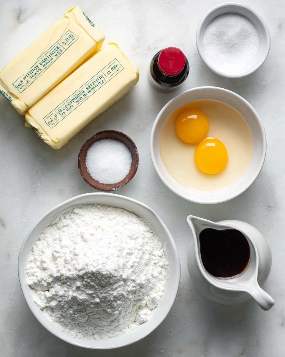A close-up view of baking ingredients arranged on a white marbled surface: two sticks of salted butter wrapped in pale yellow paper with green text on the top left; a white bowl holding two raw yellow egg yolks inside clear egg whites on the upper right; a small dark dropper bottle with a red cap next to the bowl; a white cup filled with fine white sugar on the right side; a small white bowl of coarse salt below the butter; a tiny white pitcher with dark brown vanilla extract underneath the salt; and a larger white bowl full of white flour at the bottom center. Photo taken with an iphone --ar 4:5 --v 7