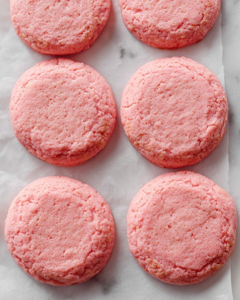 The image shows six round pink cookies arranged closely on white parchment paper placed on a white marbled surface. Each cookie has a rough, crumbly texture with a slightly uneven surface. The pink color is uniform, giving them a soft, pastel look. The cookies are evenly spaced in a loose grid pattern, and the photo is taken from above, showing the flat tops and the thin sides of the cookies. photo taken with an iphone --ar 4:5 --v 7