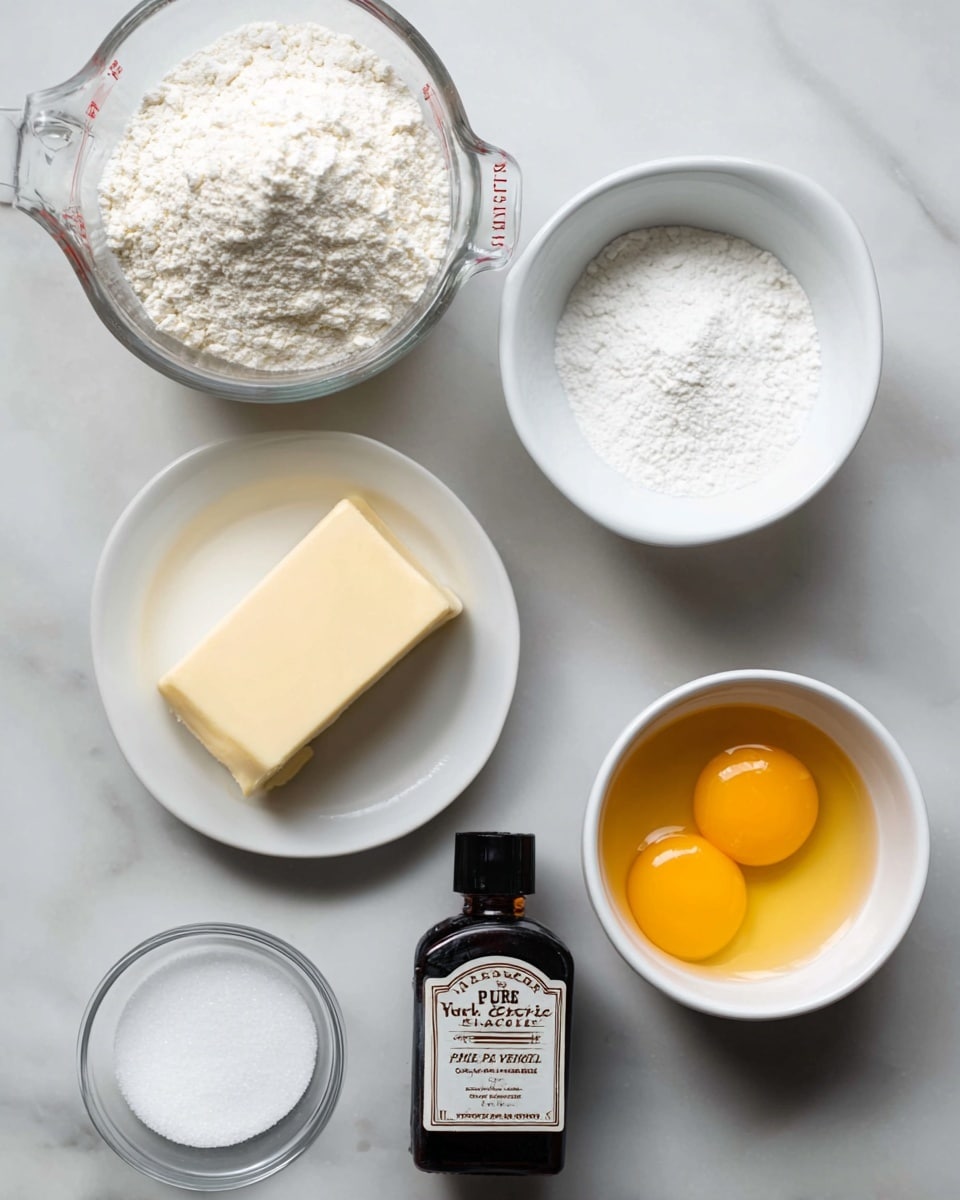 The image shows six ingredients on a white marbled surface. At the top left is a clear glass measuring cup filled with white flour. To the right, there is a small white bowl containing a fine white powder, likely powdered sugar. In the center left, a white plate has a rectangular block of pale yellow butter. To the right of the plate is a small amber bottle with a black cap labeled