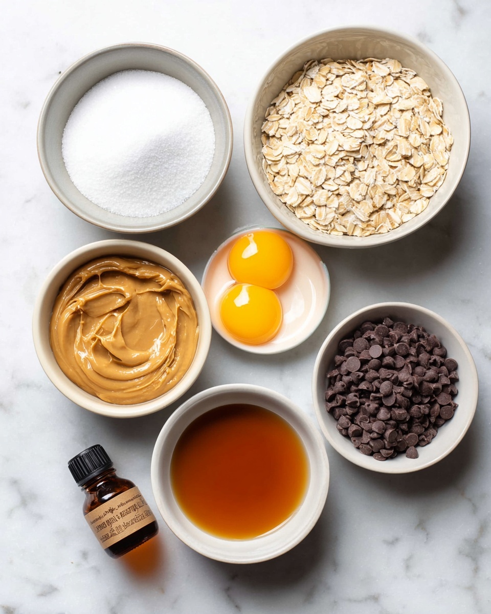 A collection of six white bowls and one small bottle arranged on a white marbled surface, each holding a different ingredient: the top left bowl contains white granulated sugar with a smooth texture, directly below it a bowl filled with flat, light beige rolled oats; to the right of the oats is a bowl with two bright yellow raw eggs with glossy yolks, above that is a medium bowl filled with light brown creamy peanut butter, below and slightly left is a smaller bowl holding amber-colored maple syrup with a shiny liquid surface, and lastly, to the right of the syrup is a bowl tightly packed with small, dark brown chocolate chips; a small amber glass bottle of pure vanilla extract lies diagonally near the center. photo taken with an iphone --ar 4:5 --v 7