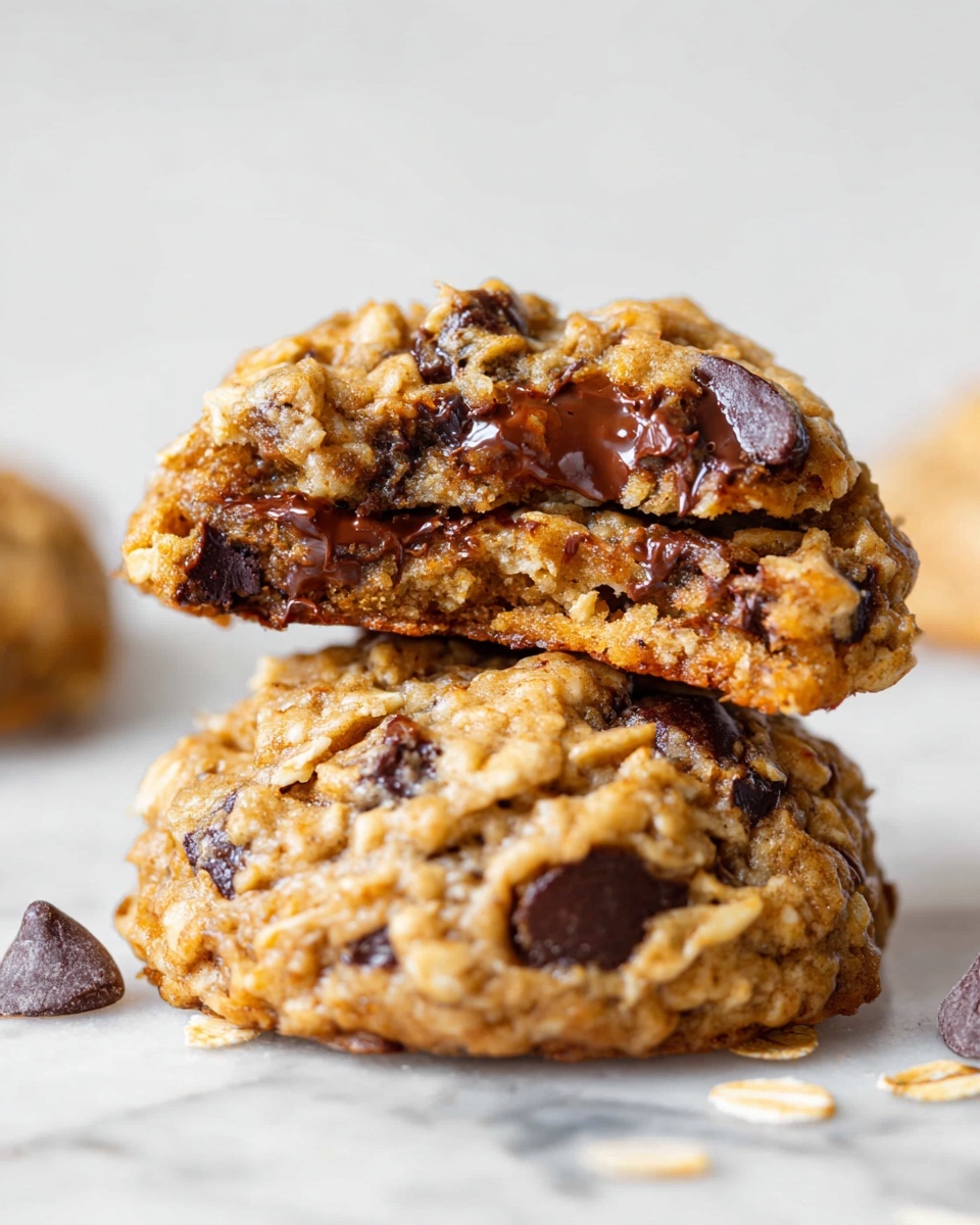 The image shows two soft oatmeal cookies with chocolate chips, stacked on a white marbled surface. The bottom cookie is whole and round, with a light brown, slightly rough texture full of visible oats and dark chocolate chips. Stacked on top is a broken cookie, showing its moist inside filled with melted chocolate pieces and oats, creating a mix of creamy brown and shiny dark brown colors. A few scattered chocolate chips and oatmeal flakes lie around the cookies. Photo taken with an iphone --ar 4:5 --v 7