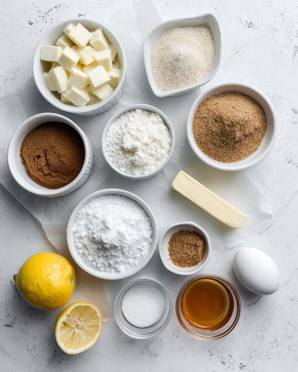 The image shows a top view of several small white bowls and a stick of butter on white parchment paper, all arranged on a white marbled surface. The bowls contain various ingredients: one has white cubed pieces, another holds a light brown powder, a third has white powder, a fourth has coarse white granules, an empty bowl, and two bowls contain light and dark brown sugars. A halved lemon is placed near the bottom left, and a single white egg is near the top right. There is also a small glass bowl with a translucent amber liquid near the center. Photo taken with an iphone --ar 4:5 --v 7