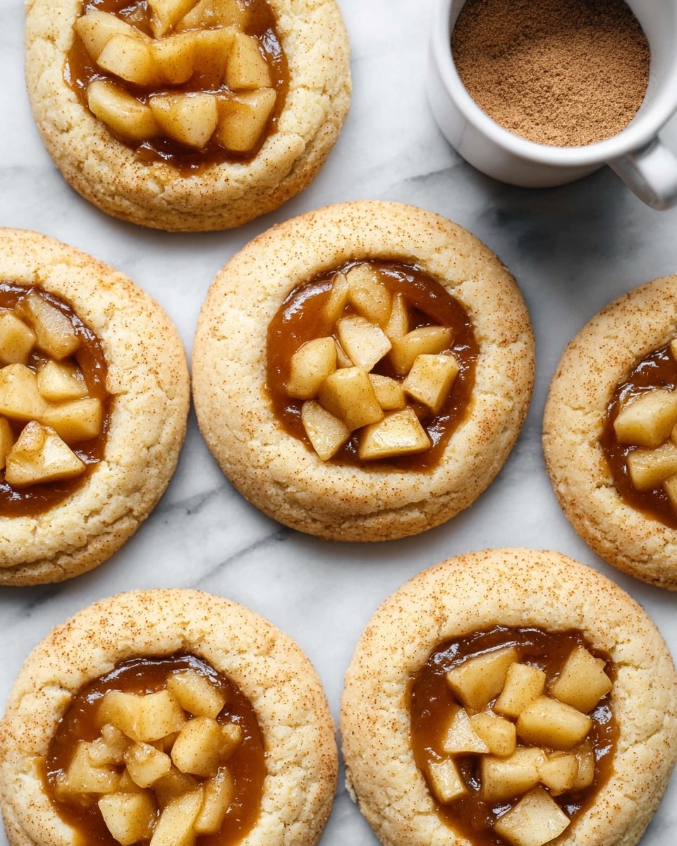 The image shows seven soft, round cookies with a light golden-brown base layer. Each cookie has a hollow center filled with small, pale yellow diced apple pieces sitting in a glossy, caramel-colored syrup. The cookies have a slightly raised, thick edge surrounding the sticky apple layer in the middle. The cookies are placed on a white marbled surface, with a small white cup containing brown powder near the top right. The overall look is warm with contrasting textures of soft cookie and juicy apple topping. Photo taken with an iphone --ar 4:5 --v 7