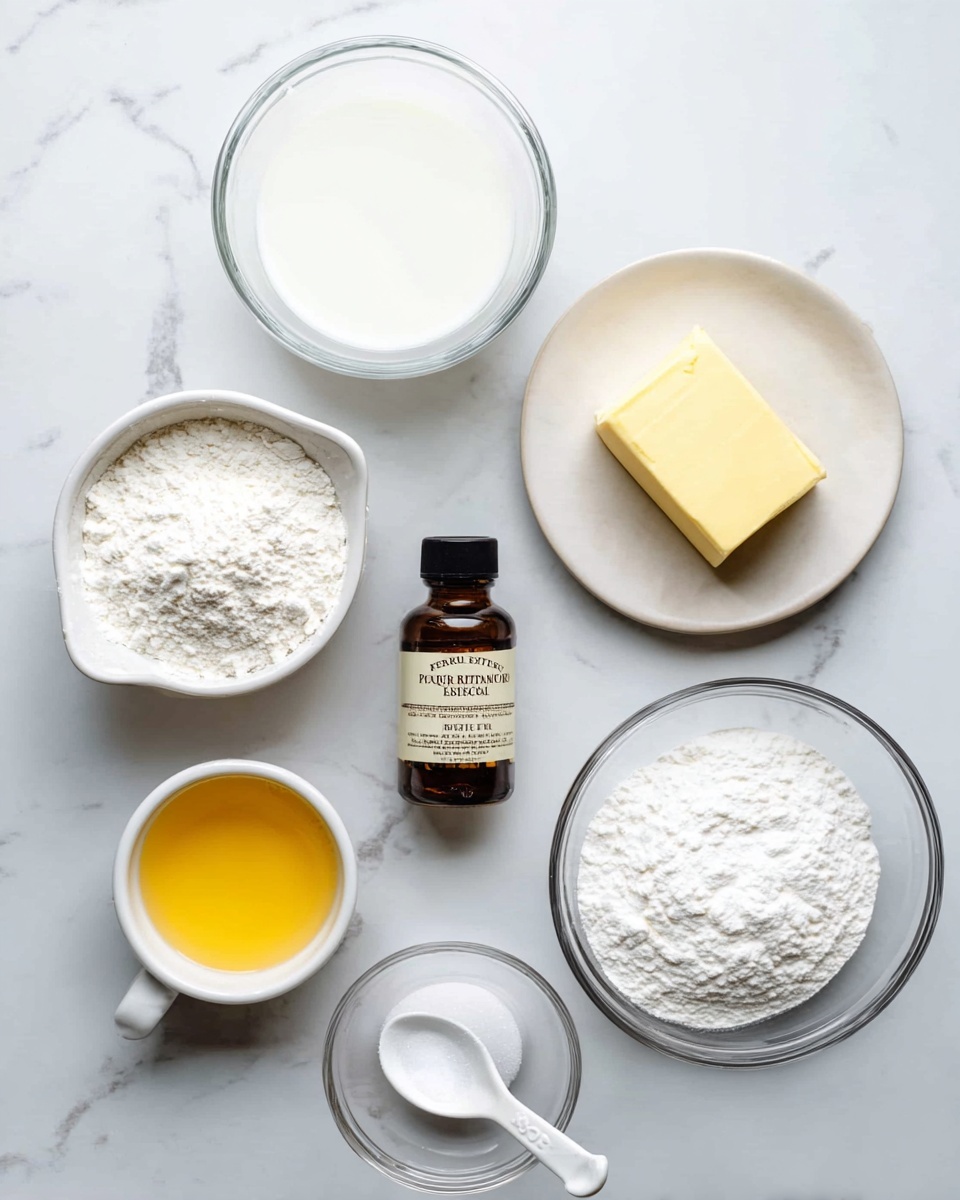 The image shows seven small containers of baking ingredients arranged neatly on a white marbled surface. Starting from the top, there is a clear bowl filled with a white liquid, followed by a white plate holding a solid stick of light yellow butter on the right. To the left, a white measuring cup is filled with white flour, and below it, another similar cup holds fine white granulated sugar. In the center, there is a small amber bottle labeled