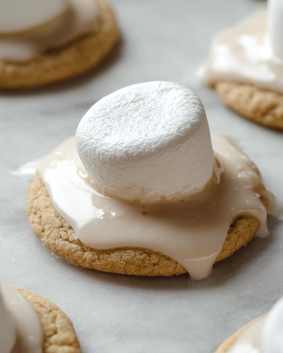 The image shows a close-up of a single cookie on a white marbled surface. The cookie is light brown and soft-looking, with a shiny white glaze unevenly spread on the top. Sitting directly on the glaze is a large, plain white marshmallow, standing tall and slightly rounded at the top. In the background, more cookies with the same glaze can be seen slightly out of focus. The overall look is simple and clean with soft textures and light colors. photo taken with an iphone --ar 4:5 --v 7