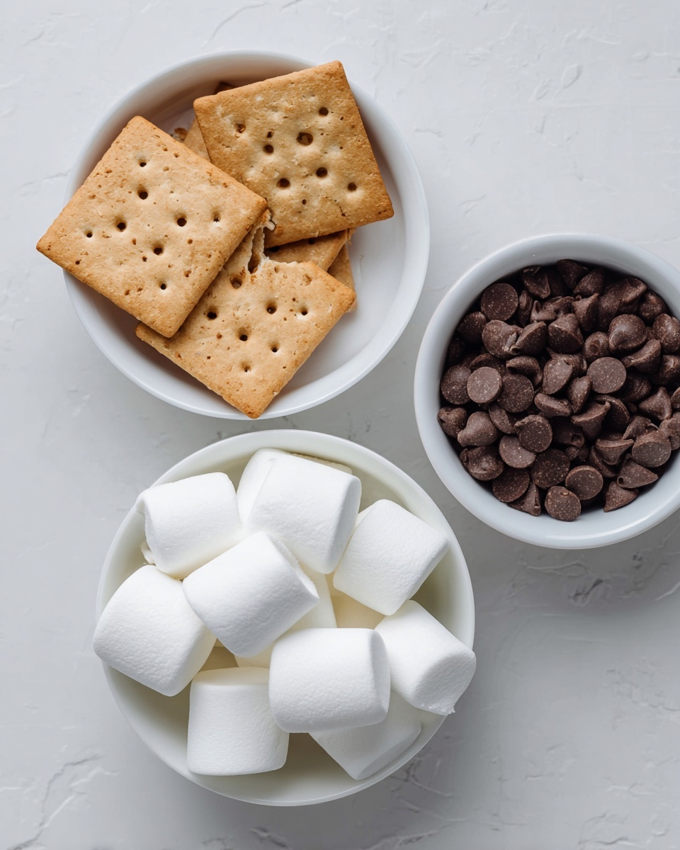 The image shows three white bowls on a white marbled surface. The bowl on the left holds five square, light brown crackers with small holes in a grid pattern; one cracker is broken on top. The bowl in the middle foreground is filled with six large, soft white marshmallows, each with a smooth texture and rounded edges. The bowl on the right contains many small, dark brown chocolate chips with a slightly shiny surface, filling the bowl to the top. Photo taken with an iphone --ar 4:5 --v 7