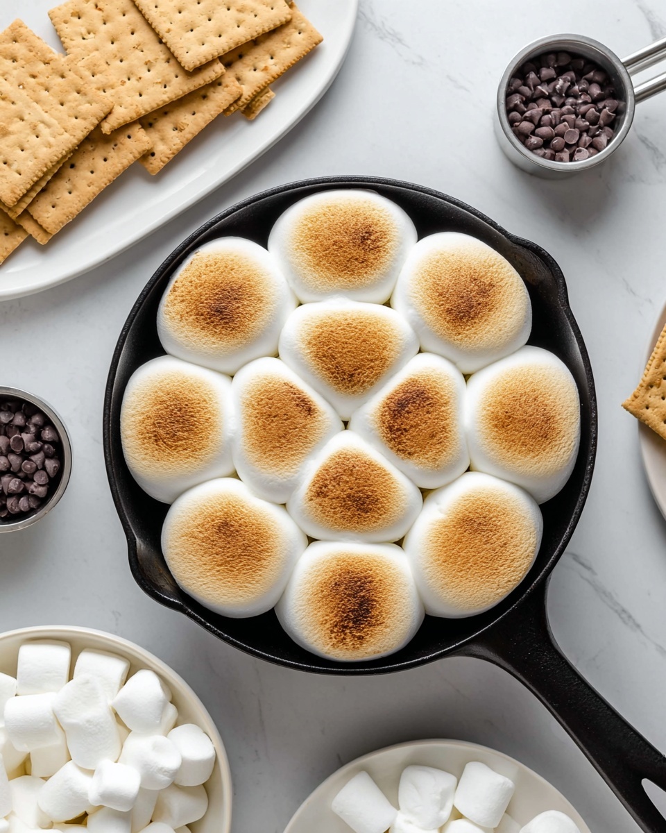 A small black pan holds a single layer of large toasted marshmallows, each browned on top with a soft, slightly bubbly texture and white sides, closely packed forming a flower-like shape. Around the pan on a white marbled surface, there are white plates with square graham crackers and a small metallic measuring cup filled with dark chocolate chips. A white bowl at the bottom left contains more large marshmallows, all arranged neatly. Photo taken with an iphone --ar 4:5 --v 7