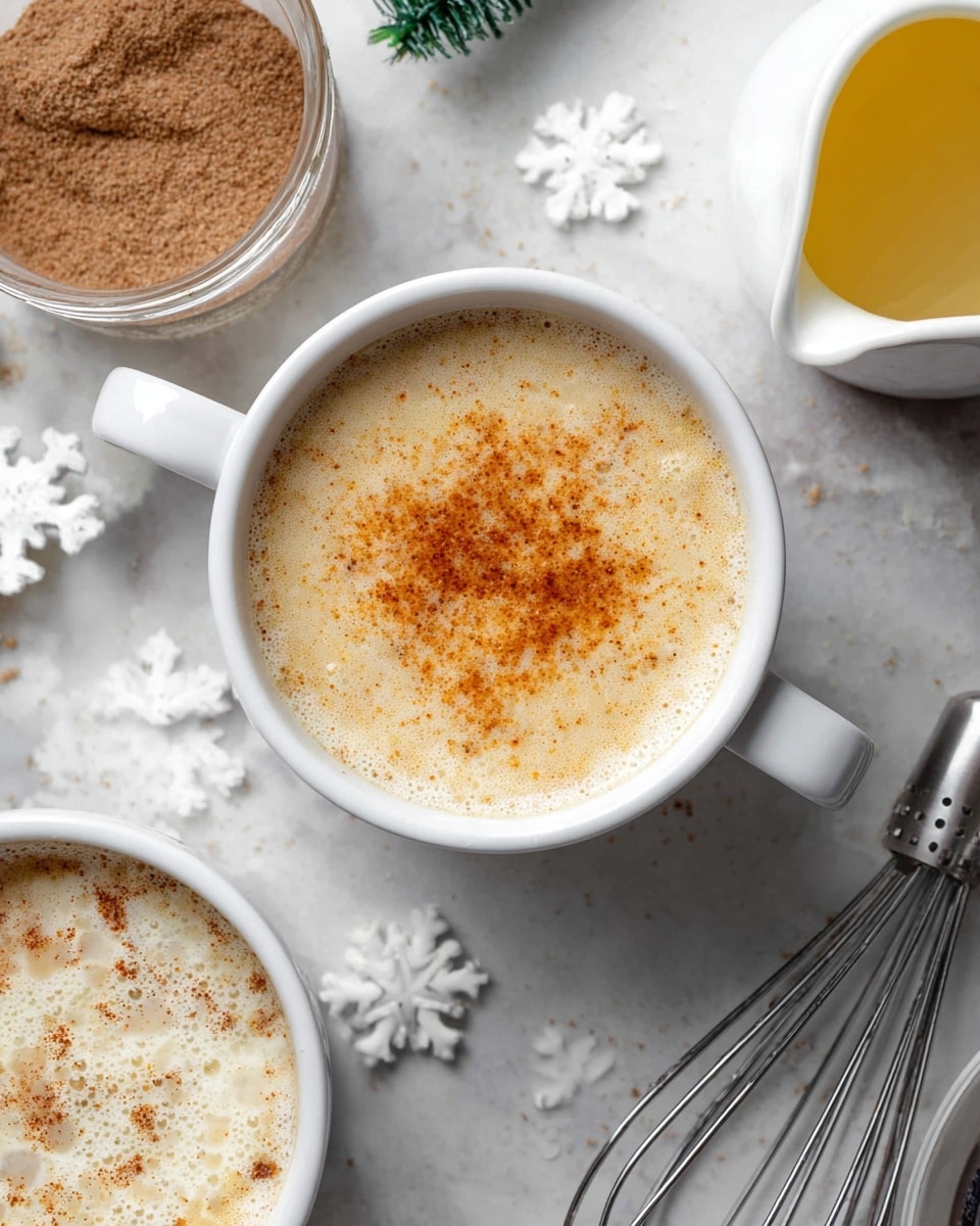 A close-up view of a white cup filled with a creamy light brown drink topped with a dusting of orange-brown spice in the center, surrounded by another white cup with a frothy white drink lightly sprinkled with similar spice, and small white snowflake-shaped decorations scattered on a white marbled surface. There is also a metal whisk with a black handle on the right and a small white pitcher with a yellow liquid below the main cup. Part of a container with a brown powder is visible on the left side. The photo taken with an iphone --ar 4:5 --v 7