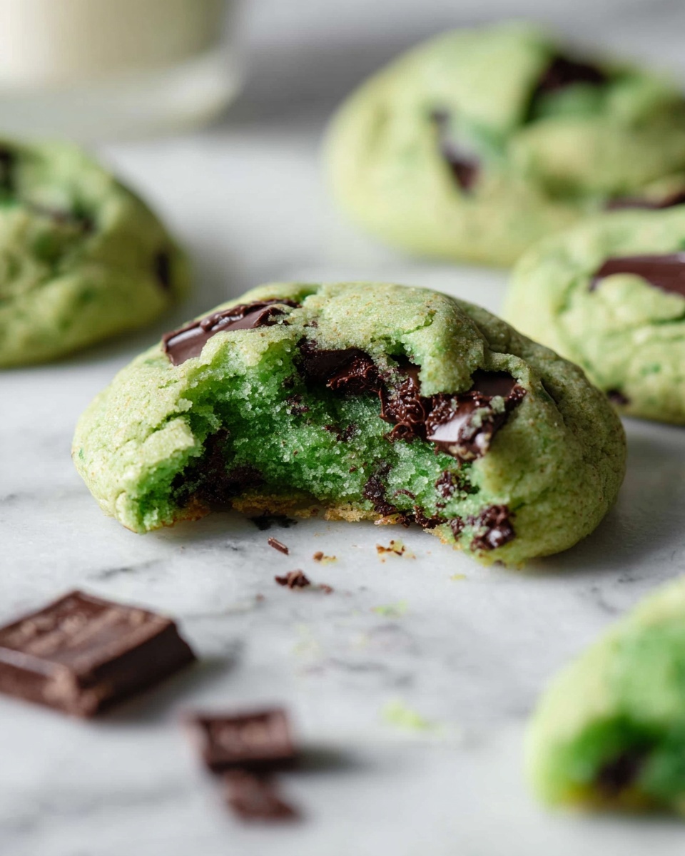 A close-up of a soft, green cookie with dark chocolate chunks inside and on top, with one bite taken out showing its chewy texture. The cookie rests on a white marbled surface, with more similar green cookies blurred in the background. Small pieces of chocolate are scattered around the base of the cookie. Photo taken with an iphone --ar 4:5 --v 7