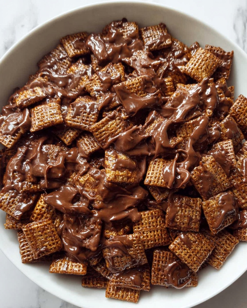 A white bowl filled with many square cereal pieces covered in thick, melted chocolate sauce that coats each piece unevenly, showing some crunchy texture beneath the shiny brown chocolate layer. The cereal pieces are piled closely together, creating a rich, glossy mix with shades of light brown cereal and dark chocolate. The background has a white marbled texture. photo taken with an iphone --ar 4:5 --v 7