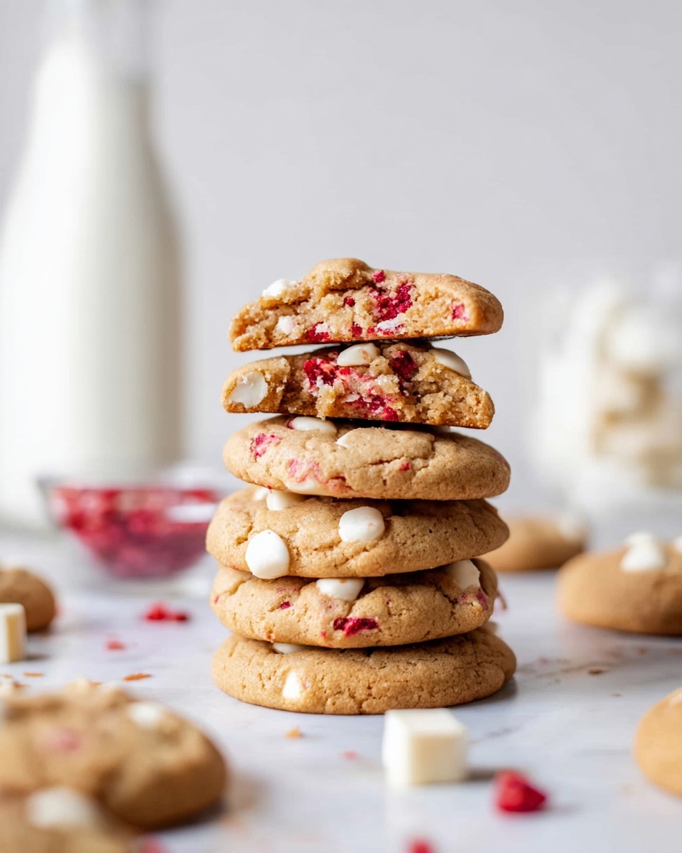 A stack of six thick cookies sits in the center of the image on a white marbled surface. The bottom four cookies are whole and show a light brown color with visible white chunks and red berry bits embedded throughout. The top two cookies are broken in half, revealing a soft, chewy inside with white chunks and red berry pieces. Around the stack, more cookies and small bowls of white chunks and red berries are scattered softly blurred. In the background, a tall glass bottle of milk and empty glasses sit against a clean white backdrop. The scene is bright and fresh, focusing on the texture and colors of the cookies. photo taken with an iphone --ar 4:5 --v 7