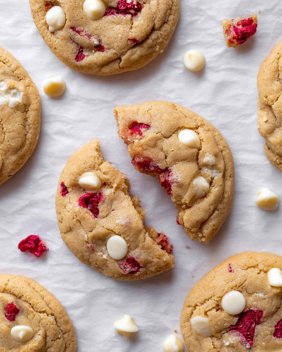 The image shows round cookies with a golden brown color and soft texture, placed on white baking paper over a white marbled surface. Each cookie has scattered white chip layers that add smooth spots, and bright red raspberry pieces creating rough, juicy areas. In the center, one cookie is broken in half, showing its soft inside and exposing more white chip spots and red fruit bits. Some loose white chips are scattered around the cookies, enhancing the scene. Photo taken with an iphone --ar 4:5 --v 7