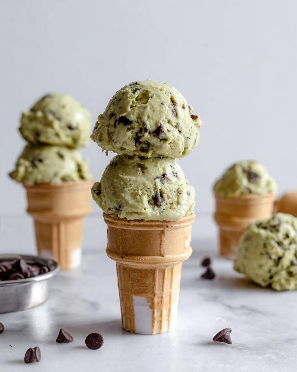 The image shows small white ice cream cones with two scoops of greenish ice cream containing small dark chocolate chips. The front cone has two uneven scoops stacked on top, with some melted ice cream dripping slightly down the sides. Behind it, there are three more cones, each with a single scoop of the same greenish ice cream with chocolate chips, arranged at different distances. Scattered small dark chocolate chips lie on a white marbled surface in front of the cones, and a silver bowl is partially visible in the lower left corner. The background is plain white. photo taken with an iphone --ar 4:5 --v 7