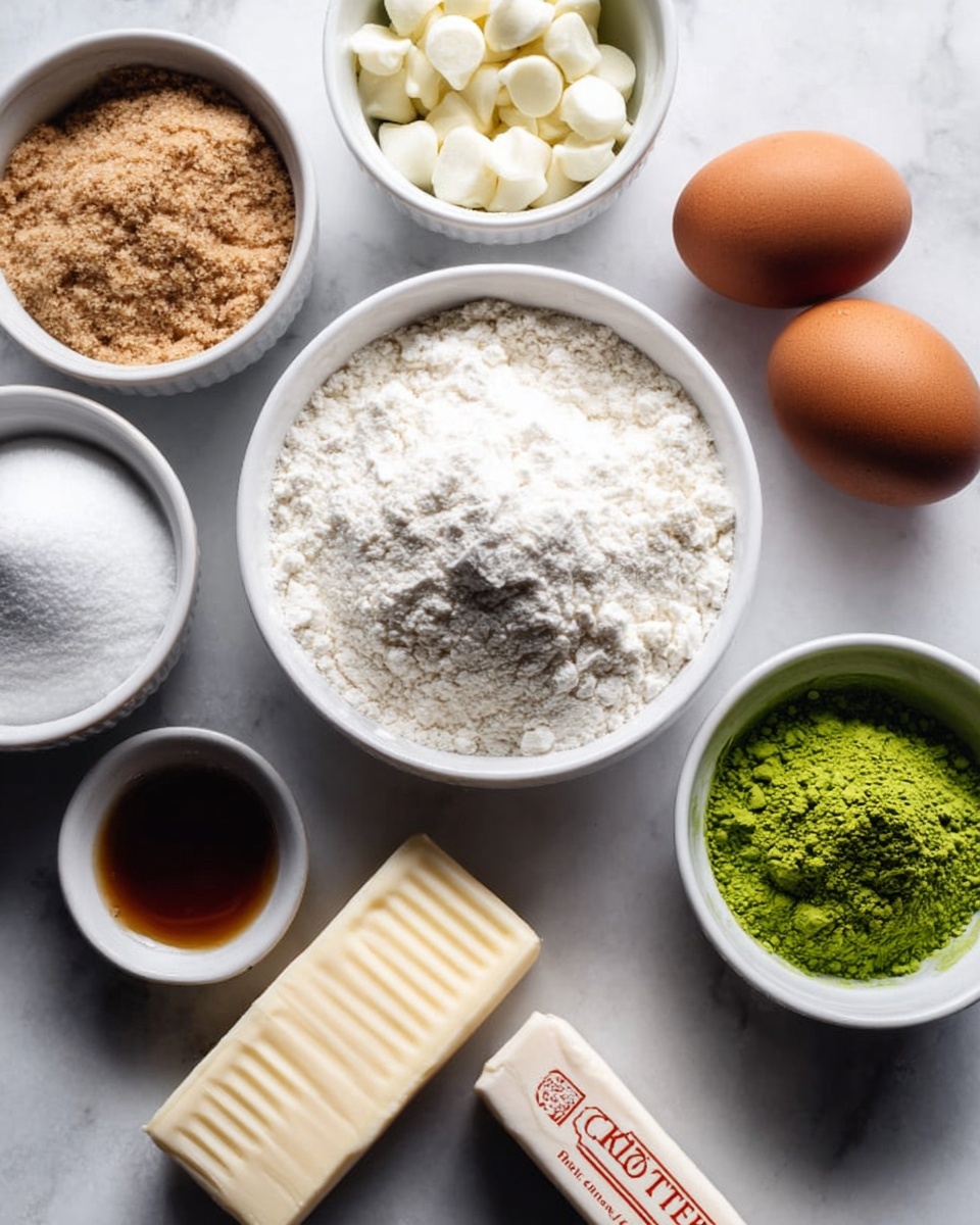 The image shows several small white bowls arranged on a white marbled surface, each holding a different baking ingredient. In the middle, there is a bowl full of white flour with a powdery texture. Around it are bowls containing light brown sugar with a rough look, fine white sugar, white chocolate chips, and bright green matcha powder with a soft, finely ground texture. There is also a small white bowl with dark amber liquid, likely vanilla extract, and two brown eggs resting in another white bowl. A stick of unsalted butter with red text sits beside the bowls. The lighting is soft and natural, emphasizing the different colors and textures of the ingredients. photo taken with an iphone --ar 4:5 --v 7