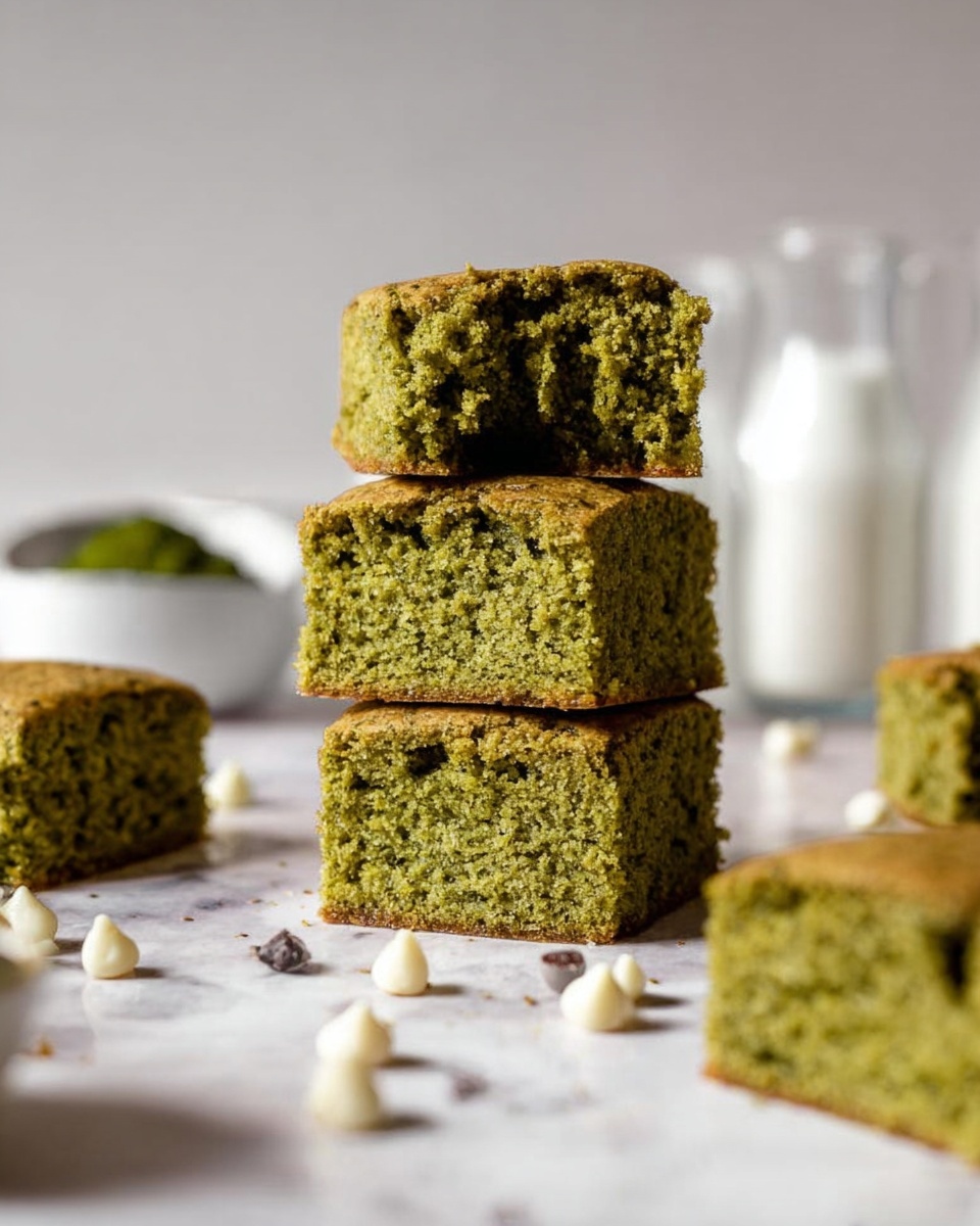 A stack of three greenish square pieces of cake with a light brown crust, showing a soft and moist texture inside; the top piece has a bite taken out of it, revealing the crumbly inside. Around the stack, there are more similar cake squares scattered on a white marbled surface, with small white drops that look like chocolate chips placed nearby. In the background, blurred glass bottles add a soft light and simple look. photo taken with an iphone --ar 4:5 --v 7