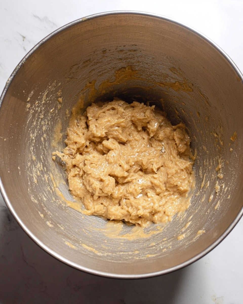 Inside a large metal mixing bowl, there is a thick, wet mixture with a chunky texture. The mixture is light brown with small clumps and some shiny, wet spots, indicating it is sticky and moist. The bowl shows some residue and marks from mixing around the sides and bottom. The background is a white marbled surface. photo taken with an iphone --ar 4:5 --v 7