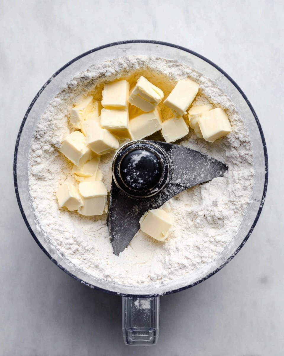 A clear round food processor bowl sits on a white marbled surface, filled with a mixture of white flour spread evenly on one side and several small pale yellow cubes of butter placed mostly on the other side, both resting against the black sharp blade in the center of the bowl. The butter cubes have a smooth texture and sharp edges, contrasting with the soft powdery flour, and the central black blade has some flour dust on it. The scene is lit from above, showing the clear plastic of the bowl and the texture of the ingredients inside clearly. Photo taken with an iphone --ar 4:5 --v 7