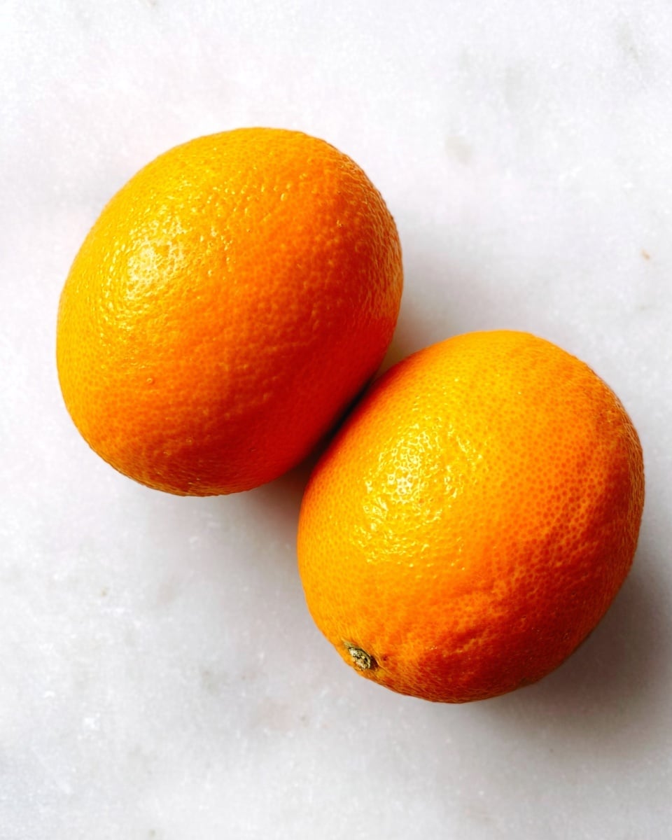 The image shows two whole oranges placed on a white marbled surface. Both oranges have bright orange skin with a slightly rough texture. One orange is located in the lower left part of the image, while the other is positioned slightly above and to the right. The lighting highlights the natural dimples on the orange peel, giving a fresh and vibrant look. There are no other items or colors in the image, keeping the focus fully on the two oranges. photo taken with an iphone --ar 4:5 --v 7