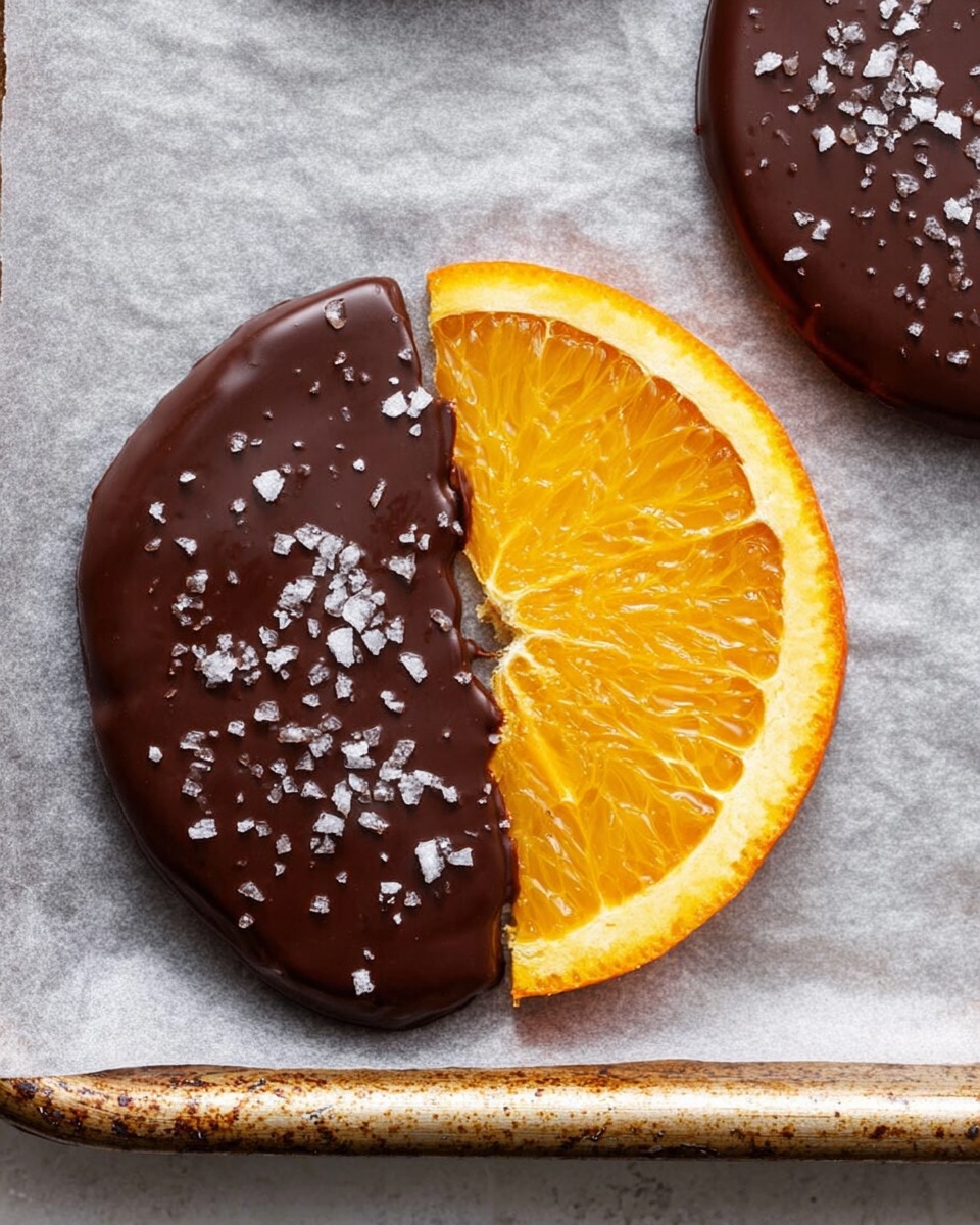 Two round orange slices lie flat on parchment paper on a metal tray. Each slice is half covered with a smooth, shiny layer of dark chocolate, sprinkled with small flakes of sea salt. The bright orange color is visible on one side, showing the juicy texture of the fruit, while the chocolate side is glossy and slightly uneven. The parchment paper beneath has a soft gray tone, and the tray has a worn, rustic finish. photo taken with an iphone --ar 4:5 --v 7