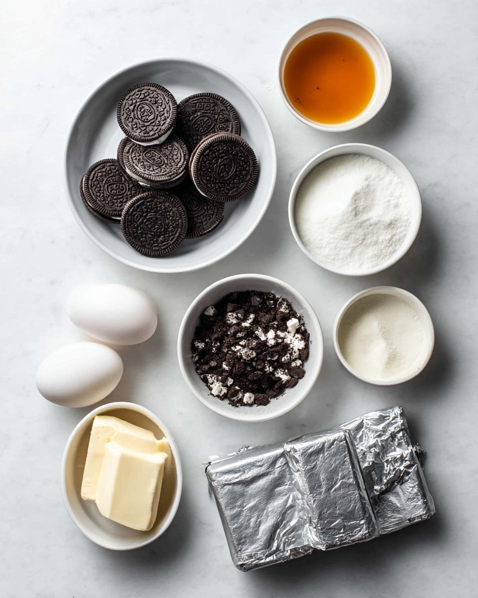 The image shows several small white bowls and wrapped blocks arranged on a white marbled surface. One bowl is filled with whole Oreo cookies showing their dark brown color and white cream center. Another bowl contains two white eggs. A third bowl holds crushed Oreo pieces with white cream bits visible. There is a bowl with white sugar and another with white creamy mixture. Two foil-wrapped blocks, likely butter or cream cheese, sit next to the bowls. A small bowl with amber-colored liquid, possibly vanilla extract, is also present. The overall scene is clean, bright, and organized. photo taken with an iphone --ar 4:5 --v 7