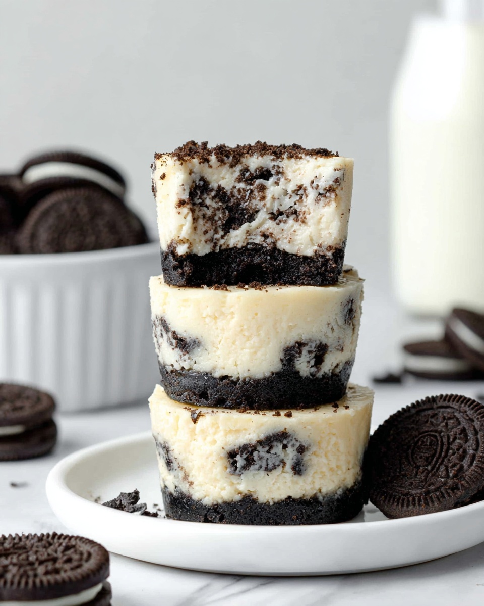 The image shows three mini cheesecakes stacked on top of each other on a white plate. Each cheesecake has two layers: the bottom layer is a dark cookie crust with visible cookie chunks embedded in the creamy off-white cheesecake layer above it. The top cheesecake piece is cut, revealing a smooth creamy texture with cookie bits inside and a layer of dark cookie crust in the middle. Around the plate, there are whole and broken dark chocolate sandwich cookies scattered. In the background, there is a bottle of milk and a white bowl filled with more dark chocolate sandwich cookies, all set against a white marbled surface. photo taken with an iphone --ar 4:5 --v 7