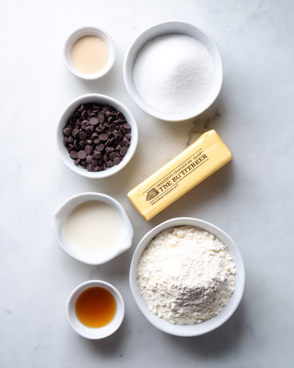 The image shows eight small white bowls and a stick of yellow butter placed on a white marbled surface. The largest bowl at the bottom right is filled with white flour, the bowl above it contains white sugar, and to the right of that is a small bowl with a white powder, likely salt. Below the sugar is a bowl with a beige round disk, possibly brown sugar or dough. To the left of the disk, a bowl holds dark brown chocolate chips. Below that, a bowl contains a white liquid, probably milk. To the right of the sugar is a small white bowl with a golden brown liquid, possibly vanilla extract. The yellow stick of organic butter lies horizontally in the center. All bowls and the butter are neatly arranged in a flat lay style. photo taken with an iphone --ar 4:5 --v 7