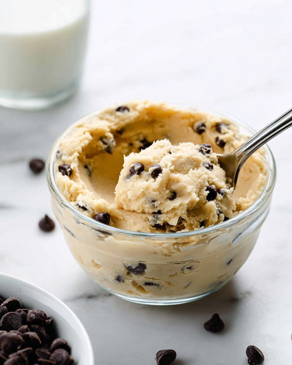 A clear glass bowl is filled with creamy, light beige cookie dough mixed with small dark chocolate chips. A silver spoon is stuck into the dough on the right side, showing the soft, smooth texture of the dough with some bits pulled away. The bowl sits on a white marbled surface, scattered with a few loose chocolate chips. In the background to the left, there is a glass of milk slightly blurred, and in the lower right corner, part of a white bowl filled with dark chocolate chips is visible. Photo taken with an iphone --ar 4:5 --v 7