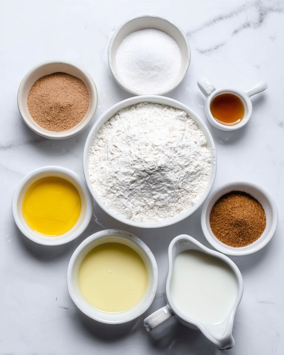 The image shows a flat lay of baking ingredients arranged neatly on a white marbled surface. In the center, there is a medium white bowl filled with white flour. Surrounding it are six small white bowls and one white cup with a handle, each holding different ingredients: one has a light brown powder, another has a thick light brown liquid, one contains white granulated sugar, another holds a yellow melted butter, the next has a light yellow liquid, and the last bowl has a brown spice. The white cup is filled with a white liquid, likely milk. The arrangement forms a rounded cluster with an inviting and clean look. Photo taken with an iphone --ar 4:5 --v 7