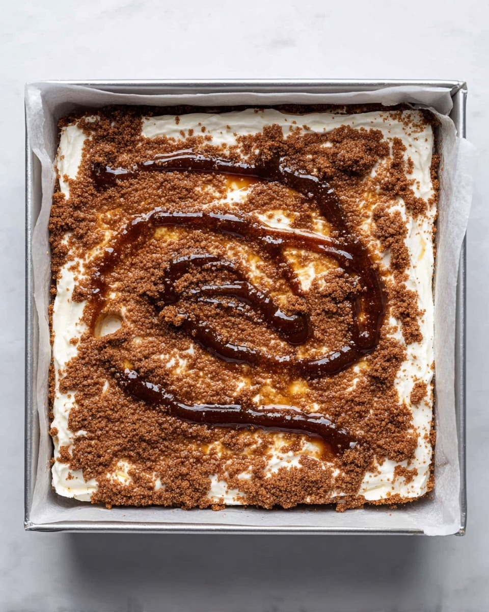 The image shows a square metal pan lined with white parchment paper filled with a dessert. The dessert has a base layer of smooth white cream that covers the entire pan evenly. On top of the cream, there is a layer of brown crumbled powder, spread thickly and unevenly, with some darker glossy brown syrup swirled in circular patterns over the crumbs. The dessert looks soft and creamy with a textured crumbly topping, all placed on a white marbled surface. photo taken with an iphone --ar 4:5 --v 7