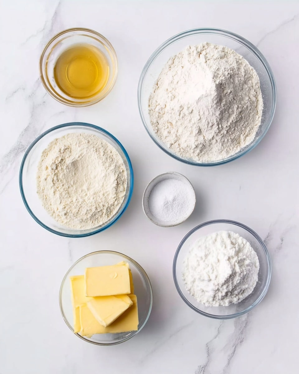 The image shows six clear glass bowls on a white marbled surface, each with different baking ingredients. The top left bowl contains a small amount of light golden liquid. To the right, there is a small bowl filled with white powder, and further right, a larger bowl filled with a fine white powder. Below these, a large bowl contains off-white flour, and next to it on the right, a medium bowl has two thick square pieces of yellow butter. A small bowl with a white powder is also included near the middle top. The setup is neat and bright with clear separation between each bowl photo taken with an iphone --ar 4:5 --v 7