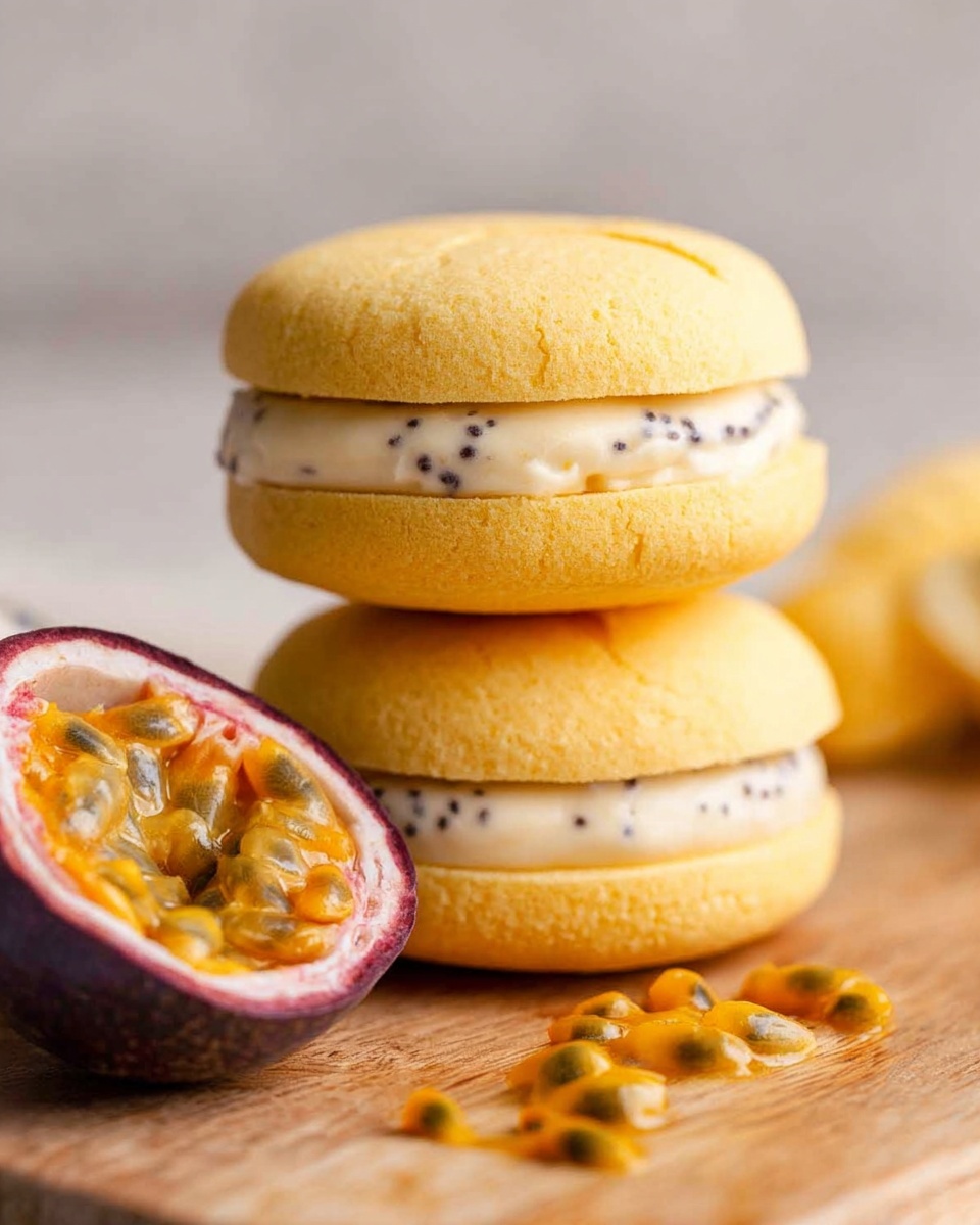 The image shows two stacked yellow sandwich cookies with smooth, rounded tops and a lightly textured pattern on the surface. Each cookie sandwich has a thick layer of creamy white filling studded with small black seeds, positioned in the middle between the cookies. To the left of the stack, there is a halved passion fruit with deep purple skin and bright orange juicy pulp with seeds spilling onto a wooden surface. The background is softly blurred and neutral in tone. The photo taken with an iphone --ar 4:5 --v 7