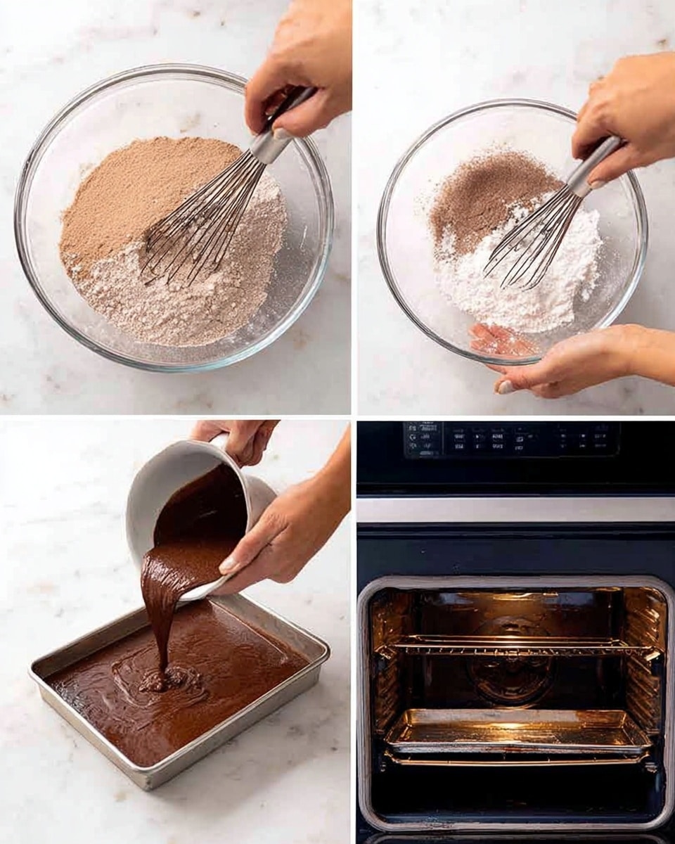 The image shows four steps of making a chocolate cake. In the first step, a woman's hand is whisking a dry mix of light brown powder and white flour in a clear glass bowl on a white marbled surface. The second step shows a woman's hand adding liquid to the same bowl while whisking the mixture, which turns into a thicker light brown batter. The third step has a woman's hand pouring thick, smooth, dark brown chocolate batter from a clear bowl into a silver baking tray placed on a white marbled table. In the last step, a person is sliding the silver baking tray with the chocolate batter into a black oven. Photo taken with an iphone --ar 4:5 --v 7