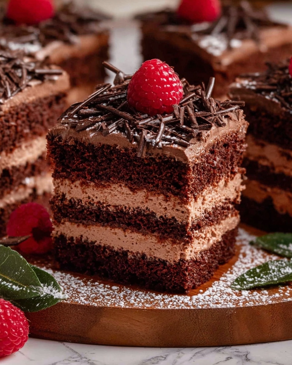 The image shows a close-up of a small chocolate cake slice with three dark brown crumb layers separated by two smooth, light brown chocolate cream layers. On top, the cake is covered with the same chocolate cream and decorated with dark chocolate shavings and a fresh red raspberry. The cake slice sits on a wooden board dusted with white powdered sugar and surrounded by other whole cakes with similar decoration. A few bright red raspberries and green leaves are placed around the cakes on a white marbled surface. The texture of the chocolate cream looks soft and fluffy, and the overall lighting highlights the rich colors. photo taken with an iphone --ar 4:5 --v 7