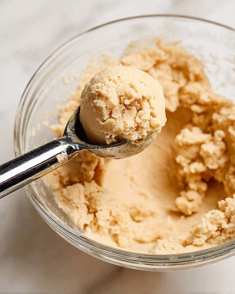 A close-up view of a clear glass bowl filled with smooth, light beige cookie dough with a soft, slightly crumbly texture. A shiny metal cookie scoop holds a round ball of the dough above the bowl, showing its dense and soft consistency. The background surface is a white marbled texture. photo taken with an iphone --ar 4:5 --v 7