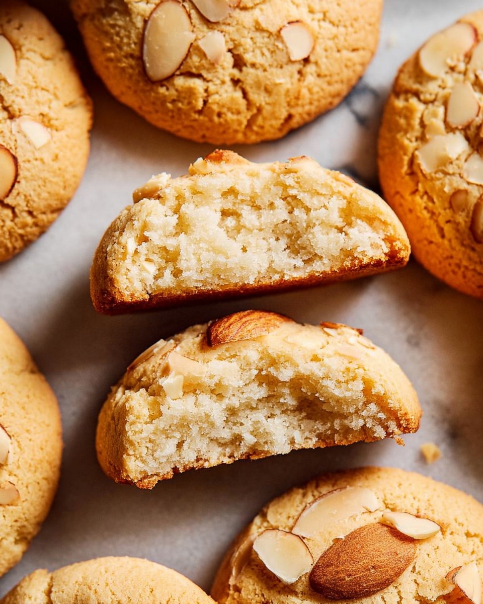 The image shows several light golden brown almond cookies with slightly cracked tops, scattered closely on a white marbled surface. The cookies have a rough texture with some whole almond slices pressed into the surface on top. One cookie is broken in half and placed upright in the middle, revealing a soft, crumbly, and pale beige inside with small bits of almond pieces embedded. The overall look is warm and inviting with a freshly baked appearance. Photo taken with an iphone --ar 4:5 --v 7