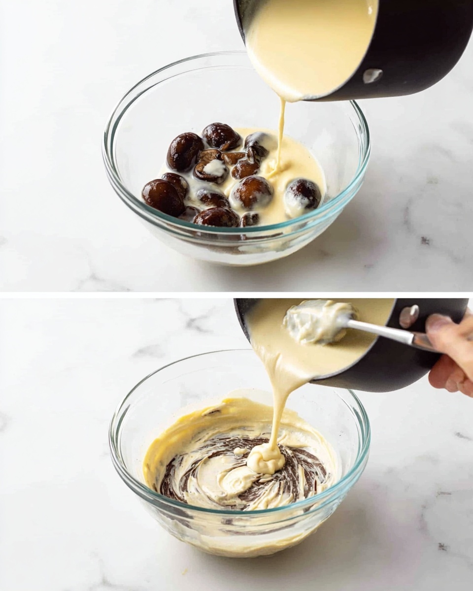 A clear glass bowl on a white marbled surface containing several smooth oval dark brown mushrooms at the bottom. A creamy pale yellow sauce is being poured from a black saucepan into the bowl, partially covering the mushrooms. In the second image, a woman's hand holds a spatula mixing the thick sauce and mushrooms in the bowl, creating a swirled texture of brown and white creamy colors. Photo taken with an iphone --ar 4:5 --v 7