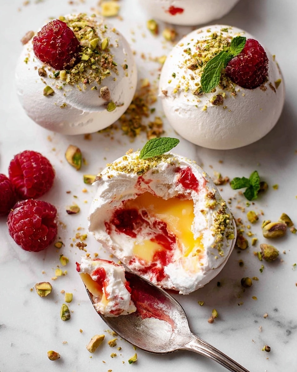 The image shows three round white meringue nests on a white marbled surface. Two whole meringues are topped with a layer of pistachio crumbs, a raspberry, and a small green mint leaf while the third meringue is broken open, revealing a yellow creamy filling and red raspberry sauce inside. Around the meringues are scattered crushed pistachios, whole raspberries, and green mint leaves, adding color and texture. A vintage silver spoon rests inside the broken meringue, scooping up some of the creamy yellow filling and red sauce. The overall look is bright with white, red, yellow, and green colors. Photo taken with an iphone --ar 4:5 --v 7