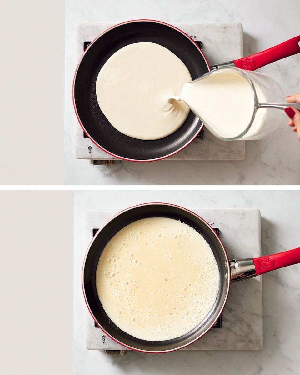 The image shows a red frying pan on a white marbled surface, with a woman’s hand pouring a smooth, light cream batter from a spoon into the pan forming a thin circular layer. The next image shows the same batter spread evenly in the frying pan on a stovetop, appearing slightly cooked with small bubbles and a soft, creamy texture on top. photo taken with an iphone --ar 4:5 --v 7
