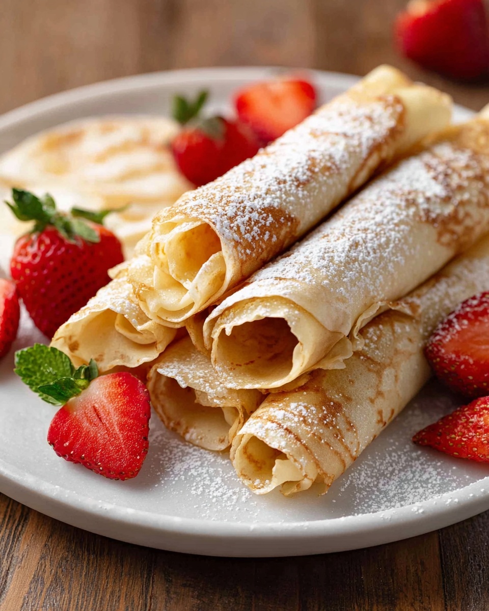 The image shows a white plate filled with six rolled crepes stacked in two layers, the bottom layer has four crepes and the top layer has two. The crepes are light golden brown with a soft, smooth texture and are dusted with white powdered sugar. Around the crepes, there are bright red strawberries with green leaves, some whole and some sliced, adding a fresh, juicy look. The plate is placed on a white marbled surface, and the background is softly blurred wood tones. photo taken with an iphone --ar 4:5 --v 7