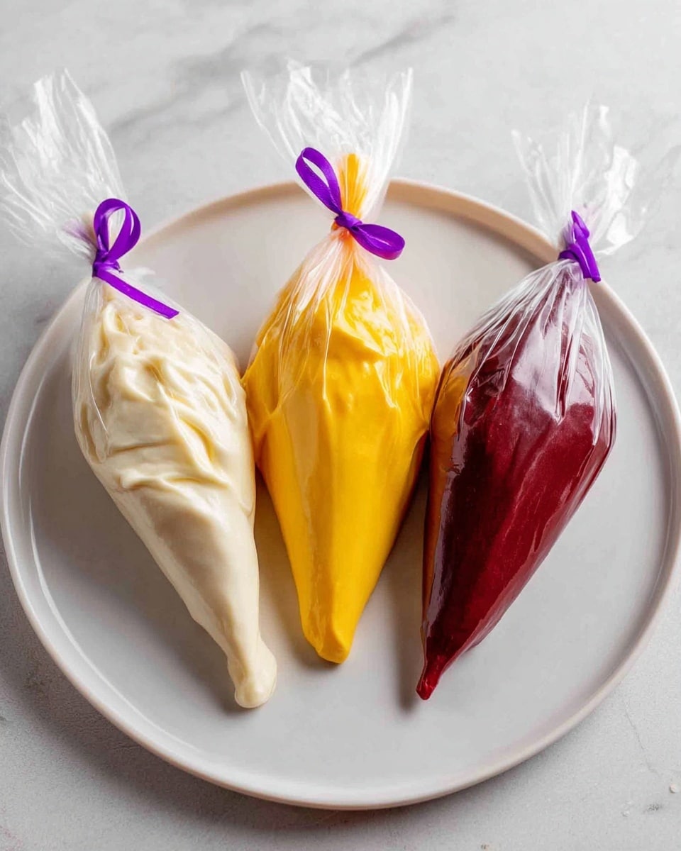 A white plate holds three piping bags filled with three different colors of smooth, creamy frosting. The left bag contains a pale white frosting, the middle bag is filled with bright yellow frosting, and the right bag has a rich dark red frosting. Each piping bag is tied at the top with a small purple tie, and they rest side by side on the plate. The surface underneath is a white marbled texture. photo taken with an iphone --ar 4:5 --v 7